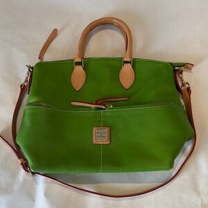 Dooney & Bourke Dillen Double Pocket Apple Green Tan Leather Satchel Bag Purse